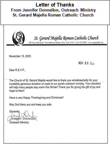 Letter of Thanks from Jennifer Donnellon, Outreach Ministry St. Gerard Majella Roman Catholic Church. Click for larger image